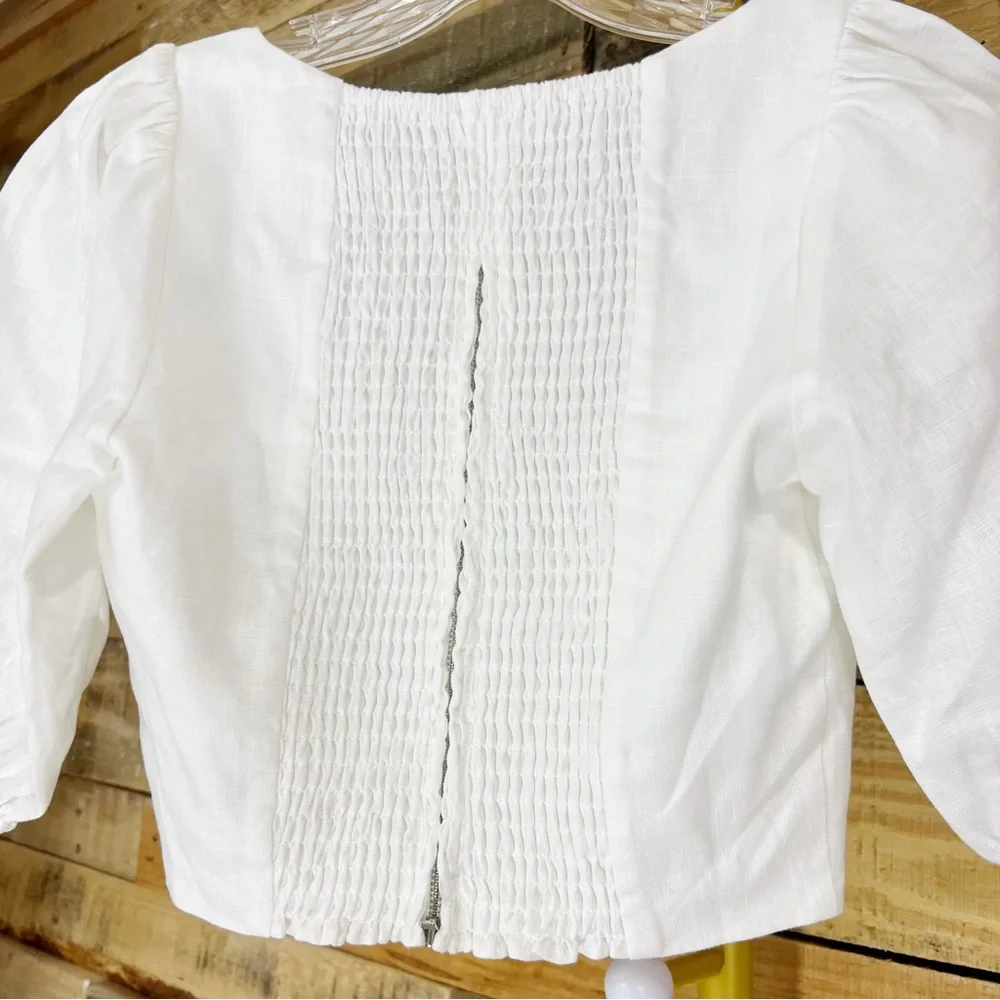 Reformation Yucca White Linen Square Neck Puff Sleeve Cropped Top Size 0 Blouse